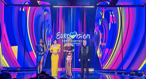 The hosts of the final of the Eurovision Song Contest 2023, Alesha Dixon, Julia Sanina, Hannah Waddingham and Graham Norton, on stage at the dress rehearsal of 