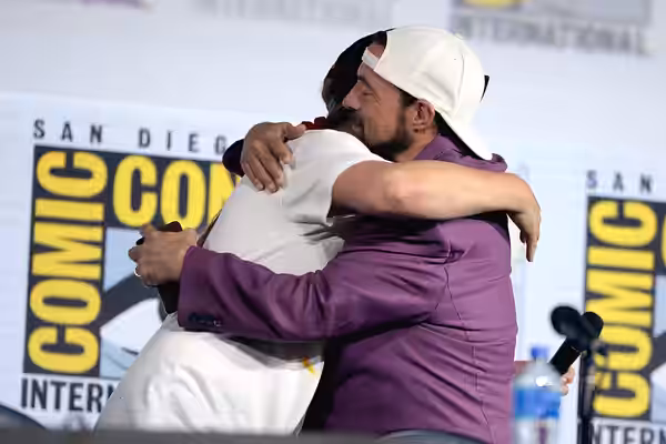 Jason Mewes and Kevin Smith speaking at the 2019 San Diego Comic Con International, for "Jay and Silent Bob Reboot", at the San Diego Convention Center in San D