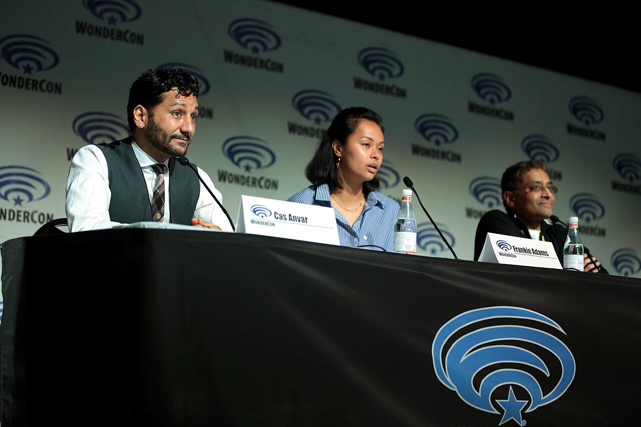 Cas Anvar, Frankie Adams and Naren Shankar speaking at the 2018 WonderCon, for "The Expanse", at the Anaheim Convention Center in Anaheim, California. Please at