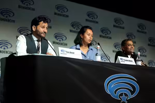 Cas Anvar, Frankie Adams and Naren Shankar speaking at the 2018 WonderCon, for "The Expanse", at the Anaheim Convention Center in Anaheim, California. Please at