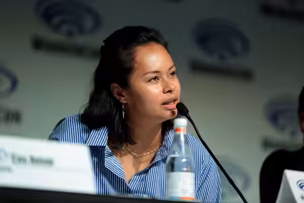 Frankie Adams speaking at the 2018 WonderCon, for "The Expanse", at the Anaheim Convention Center in Anaheim, California. Please attribute to Gage Skidmore if u