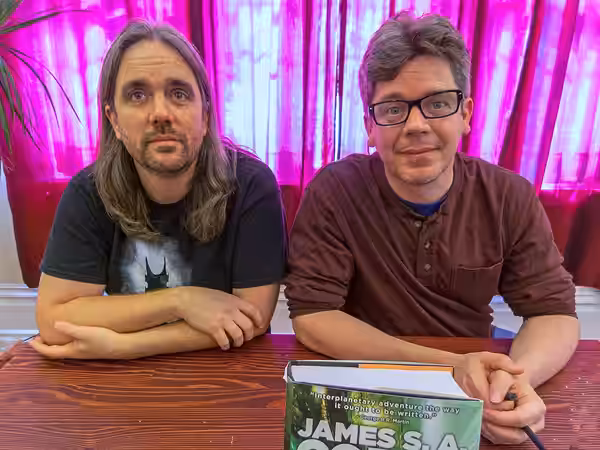 Ty Franck (left) and Daniel Abraham (right), together forming James S.A. Corey, at Borderlands Books in San Francisco, June 21, 2014.