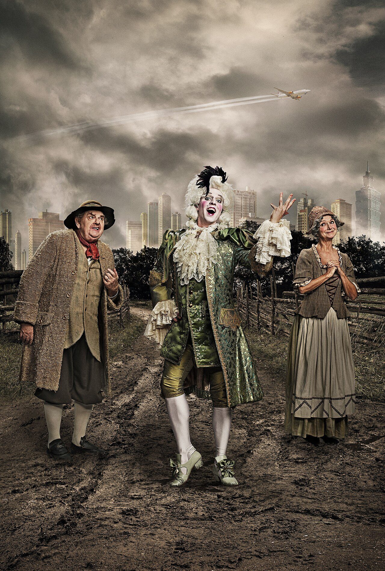 Ole Thestrup, Pelle Emil Hebsgaard and Sonja Oppenhagen in the Copenhagen theater Folketeatret's production of the play "Jean de France" by Ludvig Holberg. (2014)