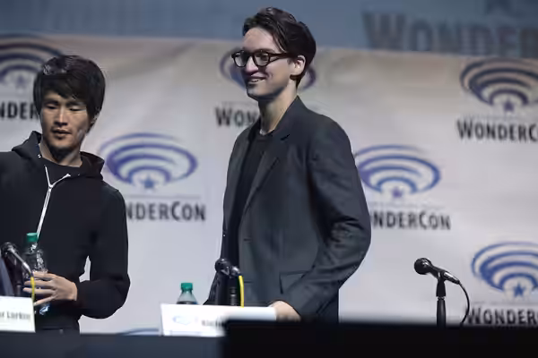 Christopher Larkin and Richard Harmon speaking at the 2016 WonderCon, for "The 100", at the Los Angeles Convention Center in Los Angeles, California. Please att