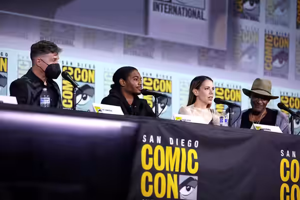 Yuri Lowenthal, Nadji Jeter, Laura Bailey and Tony Todd speaking at the 2023 San Diego Comic Con International, for "Marvel's Spider-Man 2: Symbiotic Relationsh