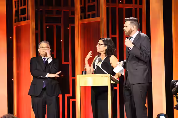 NEW YORK, NY - MAY 20: Al Franken stands on stage while Julia Louis-Dreyfus and Timothy Simons accept their award during The 76th Annual Peabody Awards Ceremony (2017)