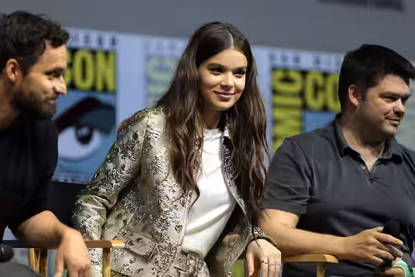 Hailee Steinfeld speaking at the 2018 San Diego Comic Con International, for "Spider-Man: Into the Spider-Verse", at the San Diego Convention Center in San Dieg