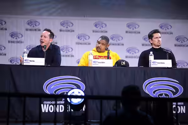 Matt Nix, Omar Miller and Steve Howey speaking at the 2023 WonderCon, for "True Lies", at the Anaheim Convention Center in Anaheim, California. Please attribute