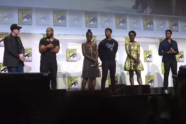 Kevin Feige, Ryan Coogler, Lupita Nyong'o, Michael B. Jordan, Danai Gurira and Chadwick Boseman speaking at the 2016 San Diego Comic-Con International, for "Bla