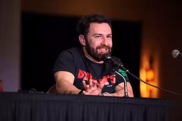 Miko Hughes speaking with attendees at the 2023 Mad Monster Arizona Party at the Renaissance Phoenix Glendale Hotel &amp; Spa in Glendale, Arizona. Please attri
