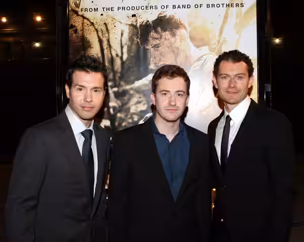 John Seda, Joe Mazzello and James Badge Dale, the stars of HBO's 10-part miniseries presentation "The Pacific" pose for pictures at the San Diego premiere of th (2010)