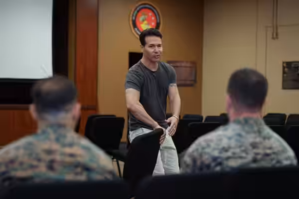 Jon Seda, an American actor who played as John Basilone in“The Pacific,” speaks to U.S. Marines with U.S. Marine Corps Forces, Pacific during a visit to MARFORP (2024)