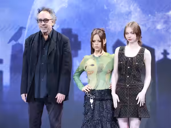 Tim Burton, Jenna Ortega, and Emma Myers at a press for Wednesday (season 2) in South Korea, 2025