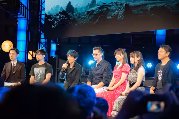 Promotion for Death Stranding. Left to right: Unknown (possibly the interviewer), Hideo Kojima, Kenjiro Tsuda, Akio Ōtsuka, Kikuko Inoue, Nana Mizuki, Satoshi M (2018)