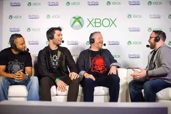 Actors Eugene Byrd (Delmont "Del" Walker), Liam McIntyre (J.D. Fenix), and series co-creator Rod Fergusson at E3 2016.
