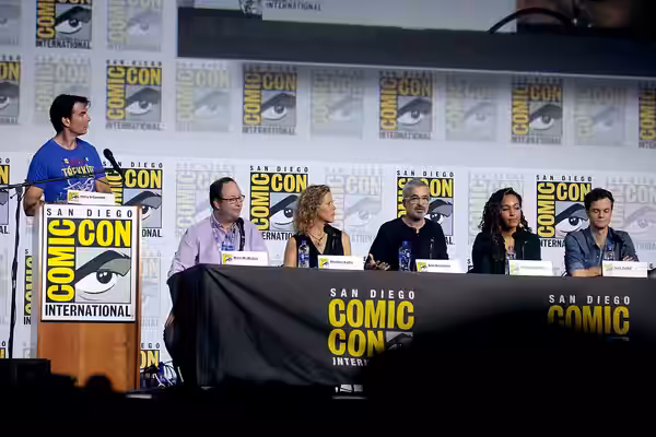 Jerry O'Connell, Mike McMahan, Heather Kadin, Alex Kurtzman, Tawny Newsome and Jack Quaid speaking at the 2019 San Diego Comic Con International, for "Star Trek