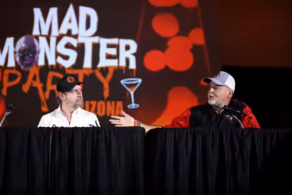 Jamie Kennedy and Lee Waddell speaking with attendees at the 2024 Mad Monster Arizona Party at the Renaissance Phoenix Glendale Hotel &amp; Spa in Glendale, Ari