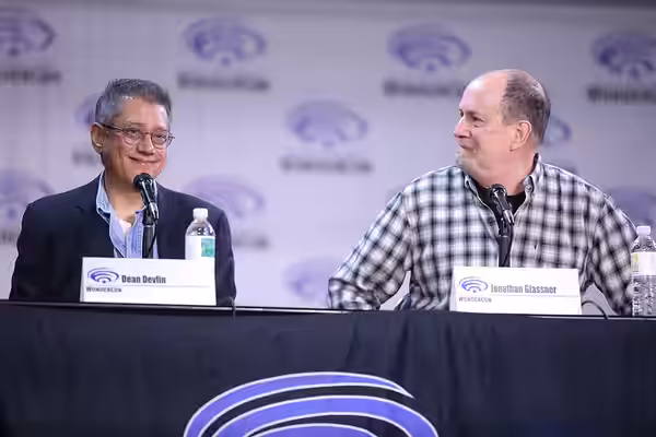 Dean Devlin and Jonathan Glassner speaking at the 2023 WonderCon, for "The Ark", at the Anaheim Convention Center in Anaheim, California. Please attribute to Ga