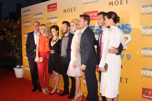 left to right: Rob Sitch, Liliya May, Felicity Ward, Daniel Henshall, Rachael Taylor, Josh Lawson, Christian Clark, Jodi Gordon (2012)