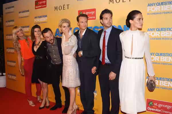 left to right: Liliya May, Felicity Ward, Daniel Henshall, Rachael Taylor, Josh Lawson, Christian Clark, Jodi Gordon (2012)