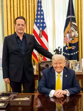 Actor Vince Vaughn and family visit President Donald Trump in the Oval Office, Friday, April 18, 2025. (Official White House Photo by Molly Riley)