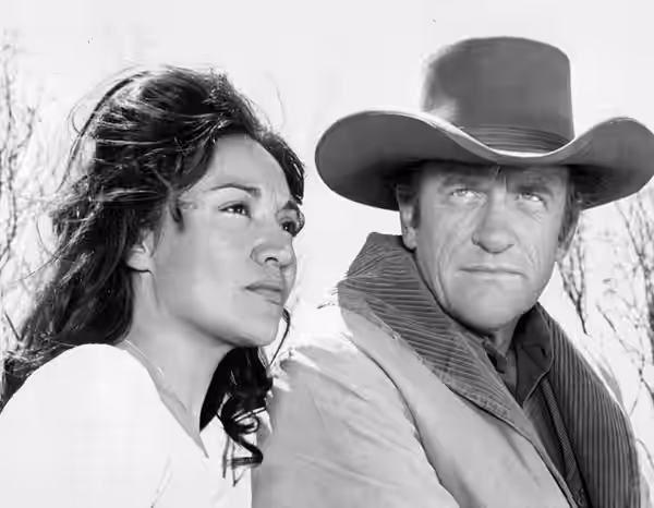 Photo of Miriam Colon and James Arness from the television series Gunsmoke.