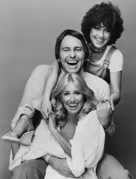 Photo of the roommates from the television program Three's Company. From top-Joyce DeWitt (Janet), John Ritter (Jack), Suzanne Somers (Chrissy). (1977)