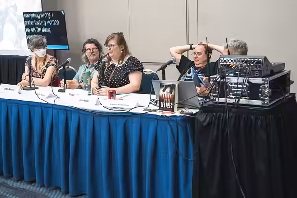Caitlin Rozakis, Ronald D. Moore, Margaret Owen, John Scalzi, Laura Antoniou (l-r) at LAcon V (Worldcon 2026) in Anaheim, California on a panel called: "Oh No, 