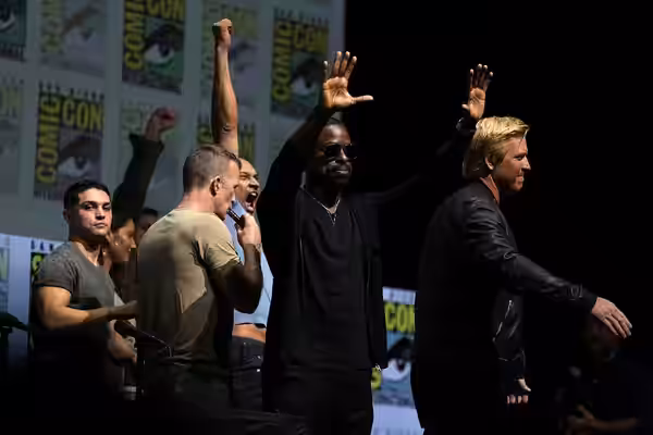 Augusto Aguilera, Thomas Jane, Sterling K. Brown and Jake Busey speaking at the 2018 San Diego Comic Con International, for "The Predator", at the San Diego Con
