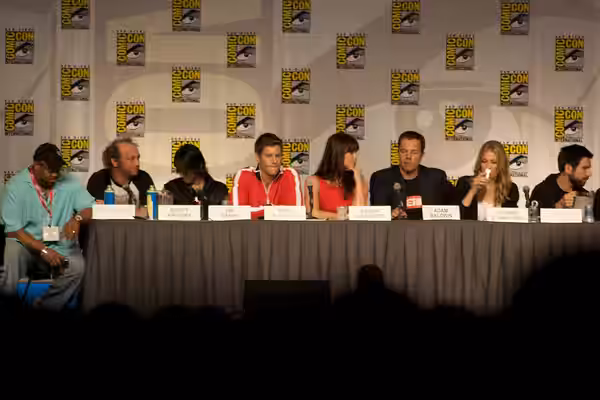"Chuck" Panel. Actors Mark Christopher Lawrence, Scott Krinsky, Vik Sahay, Ryan McPartlin, Sarah Lancaster, Adam Baldwin, Yvonne Strahovski and Joshua Gomez at  (2010)