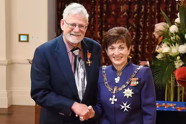 Barrie Osborne, of Mill Valley, California, after his investiture as ONZM, for services to the film industry, by the New Zealand governor-general, Dame Patsy Re (2017)
