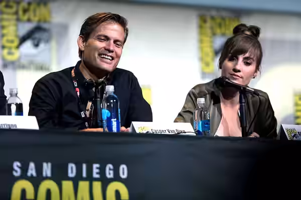 Casper Van Dien and Alison Haislip speaking at the 2016 San Diego Comic Con International, for "Con Man", at the San Diego Convention Center in San Diego, Calif