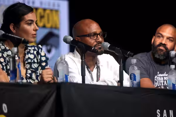 Alanna Masterson, Seth Gilliam and Khary Payton speaking at the 2017 San Diego Comic Con International, for "The Walking Dead", at the San Diego Convention Cent
