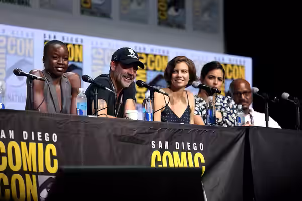 Danai Gurira, Jeffrey Dean Morgan, Lauren Cohan, Alanna Masterson and Seth Gilliam speaking at the 2017 San Diego Comic Con International, for "The Walking Dead
