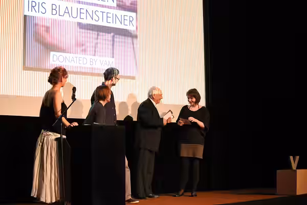 Iris Blauensteiner recieving the award as best Austrian newcomer at the film festival Vienna Independent Shorts 2014 at Stadtkino at Vienna Künstlerhaus (Vienna