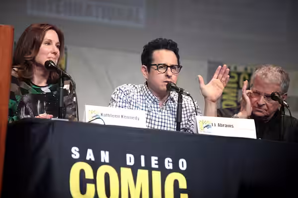 Kathleen Kennedy, J. J. Abrams and Lawrence Kasdan speaking at the 2015 San Diego Comic Con International, for "Star Wars: The Force Awakens", at the San Diego 