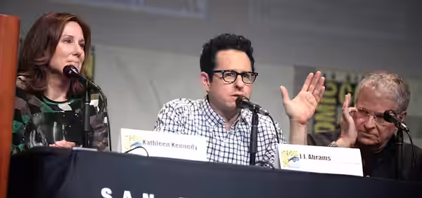 Kathleen Kennedy, J. J. Abrams and Lawrence Kasdan speaking at the 2015 San Diego Comic Con International, for "Star Wars: The Force Awakens", at the San Diego 