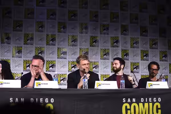Tom Arnold, Mark Pellegrino, Samm Levine and Luke Edwards speaking at the 2023 San Diego Comic Con International, for "Underdeveloped", at the San Diego Convent