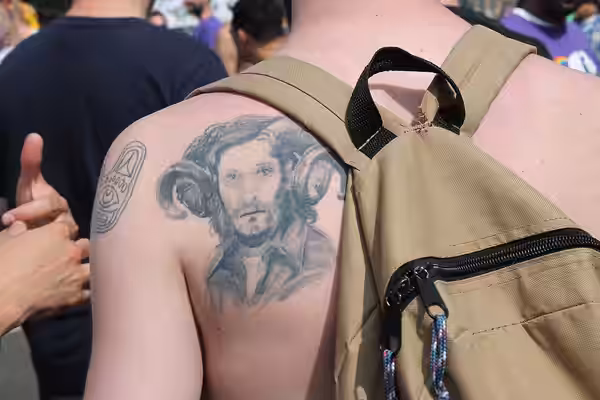 I believe this is a Vincent Gallo tattoo, at the Urban Bear Street Fair. To see my other Bear/Leather/Fetcish pictures, click here. (2015)