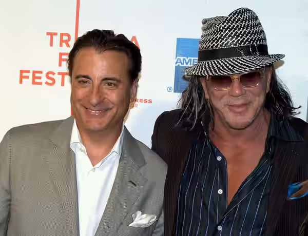 Andy Garcia and Mickey Rourke at the 2009 w:Tribeca Film Festival for the premiere of City Island. Photographers blog post about the event for this photo.