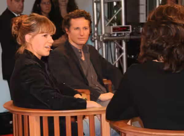 Franka Potente (pictured left) and actor Max Urlacher introduce their book "Los Angeles - Berlin. Ein Jahr" in the Interview at the stand of Hessischer Rundfunk (2005)