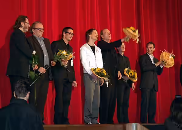 ?, ?, Oskar Roehler (Regie), Martin Weiß, Herbert Knaup, Tom Schilling and Moritz Bleibtreu on the stage of the movie theater "Lichtburg" in Essen, Germany afte (2004)