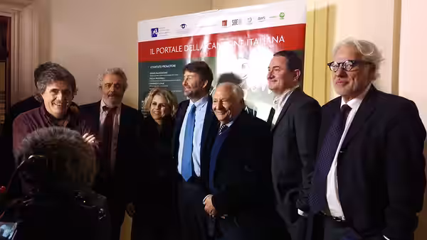 (from left to right) Ambrogio Sparagna, Nicola Piovani, Tiziana Tosca Donati, Dario Franceschini, Mogol, and Massimo Pistacchi (ICBSA director) at the presentat (2018)