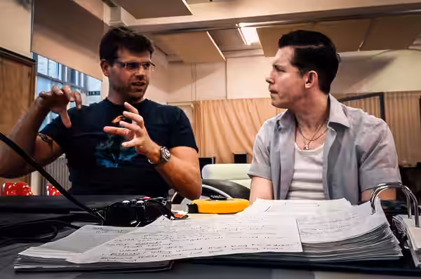 Sound designer Gareth Owen and comedian Lee Evans during Barking in Essex rehearsals in London. (2013)