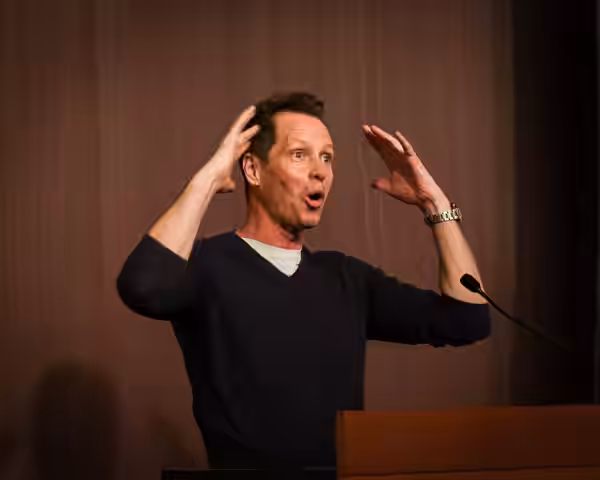 Young Adult Literature Authors Frank Beddor and Eric Laster discuss story creation, craft, and publishing with English Education students. (2016)