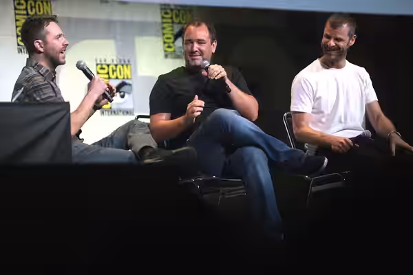 Chris Hardwick, Trey Parker and Matt Stone speaking at the 2016 San Diego Comic Con International, for "South Park: Season 20", at the San Diego Convention Cent