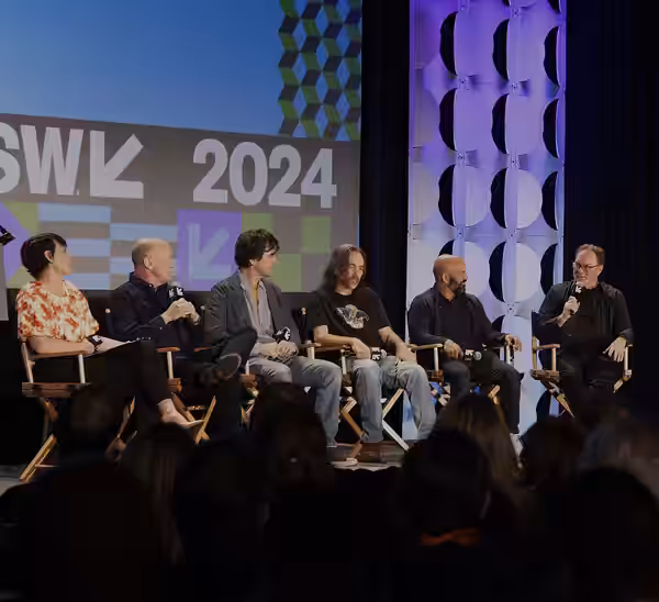 Office Space 25th Anniversary panel at South by Southwest 2024 featuring actors Ron Livingston, Mike Judge, Ajay Naidu, David Herman, Stephen Root and reporter 