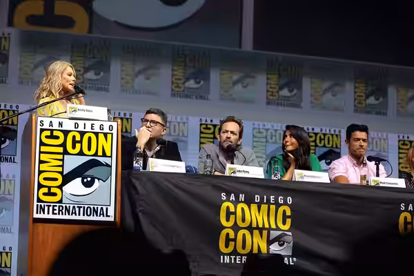 Kelly Ripa, Roberto Aguirre-Sacasa, Luke Perry, Marisol Nichols and Mark Consuelos speaking at the 2018 San Diego Comic Con International, for "Riverdale", at t