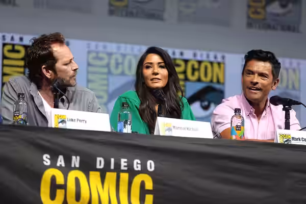 Luke Perry, Marisol Nichols and Mark Consuelos speaking at the 2018 San Diego Comic Con International, for "Riverdale", at the San Diego Convention Center in Sa