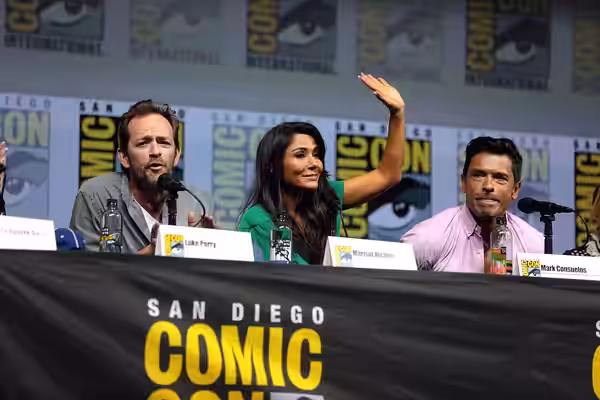 Luke Perry, Marisol Nichols and Mark Consuelos speaking at the 2018 San Diego Comic Con International, for "Riverdale", at the San Diego Convention Center in Sa